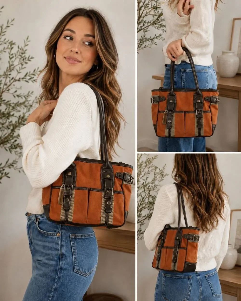 Franco Sarto Burnt Orange Canvas Shoulder Bag Brown Trim Buckle Satchel Y2K